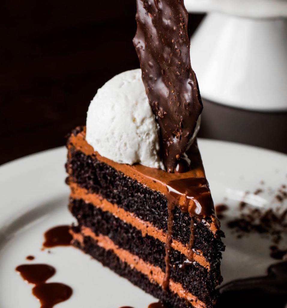 Triple Layer Chocolate Cake · Served with hot fudge and whipped cream.