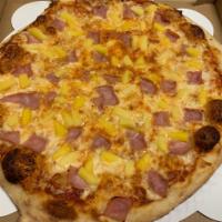 Small Hawaiian Pizza · NO SUBSTITUTIONS Ham and pineapple. Thin crust New York style pizza with homemade sauce and ...
