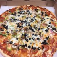 Jesse's Supreme Pizza · NO SUBSTITUTIONS Pepperoni, sausage, green pepper, red onion, mushroom, black olive and extr...