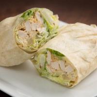 Grilled Chicken Caesar Wrap · Grilled chicken, romaine lettuce, croutons, Caesar dressing.