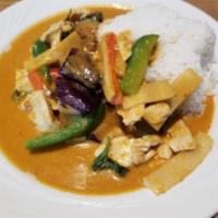 45. Red Curry · Bamboo shoots, eggplants, bell peppers, basil leaves in a red curry sauce. Spicy.