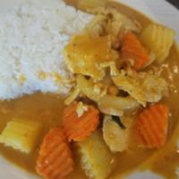 46. Yellow Curry · Potatoes, carrots, onions in yellow curry sauce. Spicy.