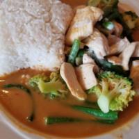 48. Panang Curry · Green beans, bell peppers. Kaffir hme leaves and in panang curry sauce. Spicy.