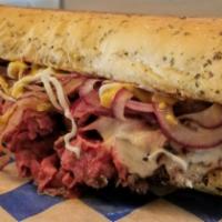 NY Giant Pastrami Sub · Italian hoagie with sliced pastrami, red onions, pickles, melted Swiss cheese, and a touch o...