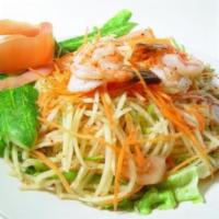 Somtum · Shredded green papaya, carrot and tomatoes with spicy hot and sour dressing topped with shri...