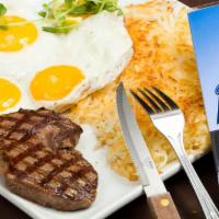 Sirloin Steak and Eggs · 3 eggs any style, sirloin steak, with grilled potatoes and toast. 