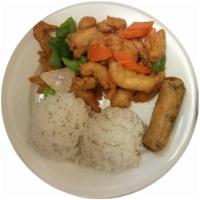 Sweet and Sour Chicken · Chicken with pineapple, green pepper, carrots and yellow onions cooked in sweet sauce. Serve...