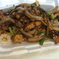 Mongolian Chicken · Chicken with green onion, yellow onion and fried rice noodle stir fried in Mongolian sauce. ...