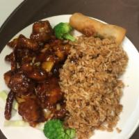 General Tso's Chicken · Chunks of battered and deep fried chicken stir fried with spicy sauce with steamed broccoli....