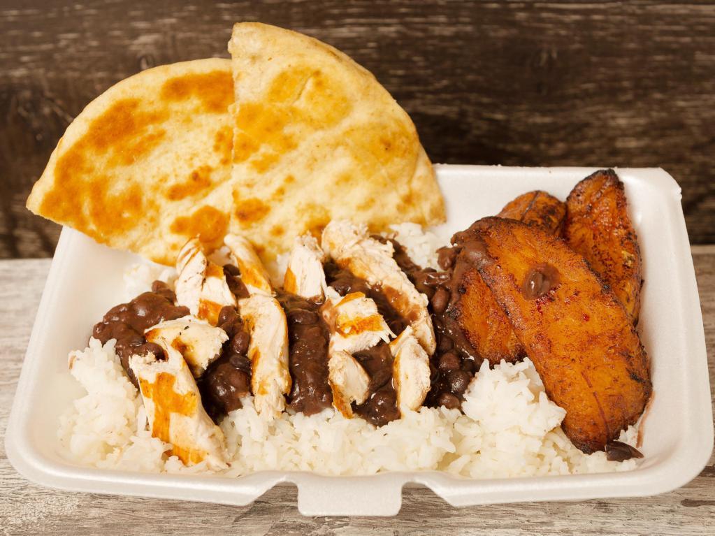 Fiesta Meal · Grilled Chicken or Junior Burger + Black Beans and Rice, Plantains and Optional Griddle Pita Bread.