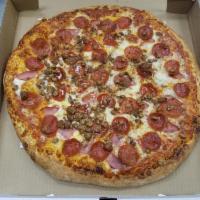 Meat Lover's Carnivore Pizza · Pepperoni, ham, sausage and beef.