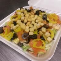 Green House Salad · Lettuce, cabbage, carrots, fresh tomatoes, black olives, pepperoncini, croutons, and choice ...