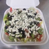 Greek Salad · Lettuce, cabbage, carrots, fresh tomatoes, cucumber, black olives, feta cheese, dried mint, ...
