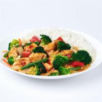 Thai Sweet Chili Chicken · White chicken with fresh green beans, red peppers red peppers, carrots, white onions and bro...