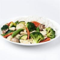 Chicken & Vegetables · White chicken with zucchini, carrots, broccoli, mushrooms, water chestnuts and snap peas in ...