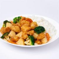 Sweet & Sour Chicken · Crispy white chicken with pineapple, red bell peppers and onions in a sweet & sour sauce.