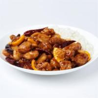 Orange Peel Chicken · Fresh orange slices, red chili peppers and water chestnuts in a sweet orange sauce. Spicy.