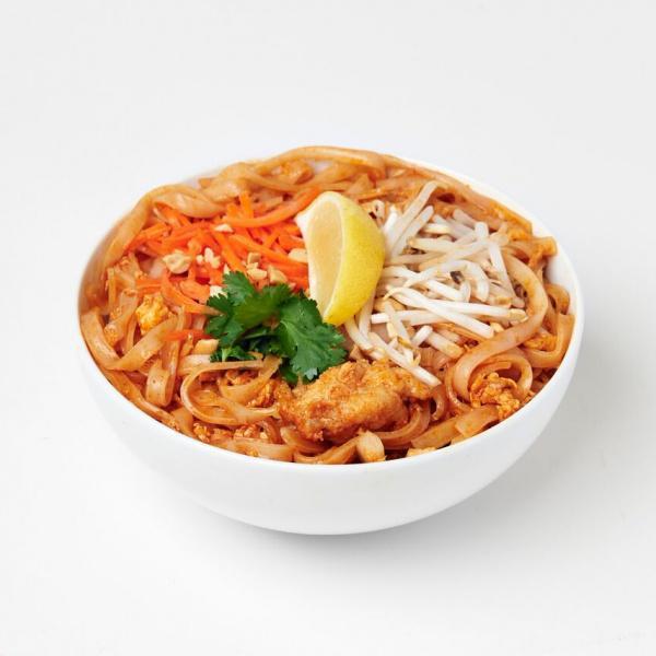 Chicken Pad Thai · Rice noodles in tangy pad Thai sauce with green onions, carrots, egg, peanuts, and bean sprouts. Gluten free.