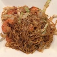 Shrimp Yaki Noodle · Japanese lo mein, shredded cabbage and onion stir fried in a rich sauce.