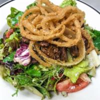 Steak Salad · Mixed greens, blue cheese crumbles, roma tomatoes, roasted red peppers, chargrilled steak, f...