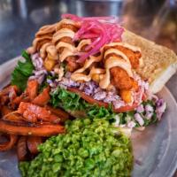 Fat Boy Sandwich · A crispy shrimp po' boy on a hoagie roll with lettuce, tomato, coleslaw, pickled red onions,...
