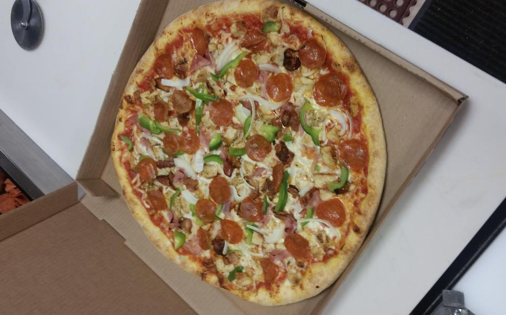 House Pizza · Mozzarella cheese, chicken, ham, bacon, pepperoni, peppers, onions and tomato sauce.