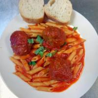 Pomodoro with Meatballs Pasta M.D · Fresh homemade plum tomato sauce, basil, Parmesan cheese and 3 meatballs. Served with 2 slic...