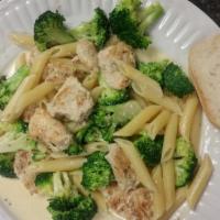 Penne with Chicken Broccoli Alfredo L.G. · Broccoli, chicken, heavy cream and Parmesan cheese. Served with slice of French bread.