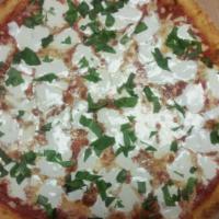 Margarita Pizza · Fresh mozzarella cheese, plum tomato sauce and basil.