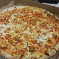 Buffalo Chicken Pizza · Mozzarella cheese, Buffalo sauce, grilled chicken and blue cheese on the side. extra dressin...