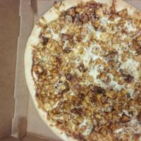 BBQ Pizza · Mozzarella cheese, chicken, BBQ, bacon and onions.