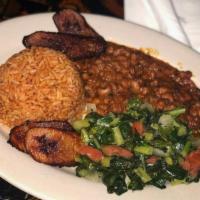 Veggie Plate · Your choice of white or jollof rice with black eyed peas,  Bukom greens and plantains.