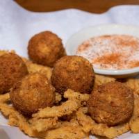 The Bomb · Five crispy fried balls, loaded with shrimp, cheddar jack cheese, roasted jalapenos, bacon, ...