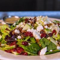 Small Harvest Salad · Mixed greens, sliced apples, dried cranberries, bacon, toasted almonds, feta cheese, and hou...