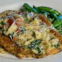 Herb Crusted Chicken · Herb parmesan crusted chicken, topped with lemon butter sauce, tomatoes, fresh spinach, and ...