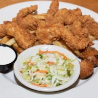 Chicken Tender Platter · Fried chicken tenders served with crispy fries and our apple cider slaw. 