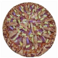 BBQ Hawaiian Pizza · BBQ sauce, mozzarella cheese, Canadian bacon, red onions, pineapple, BBQ chicken.