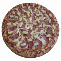 Hawaiian Pizza · Tomato sauce, mozzarella cheese, Canadian bacon, pineapple, extra cheese.