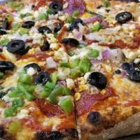 Greco · House mozzarella, feta, red onions, green peppers, oregano, olives, crushed tomato sauce and...