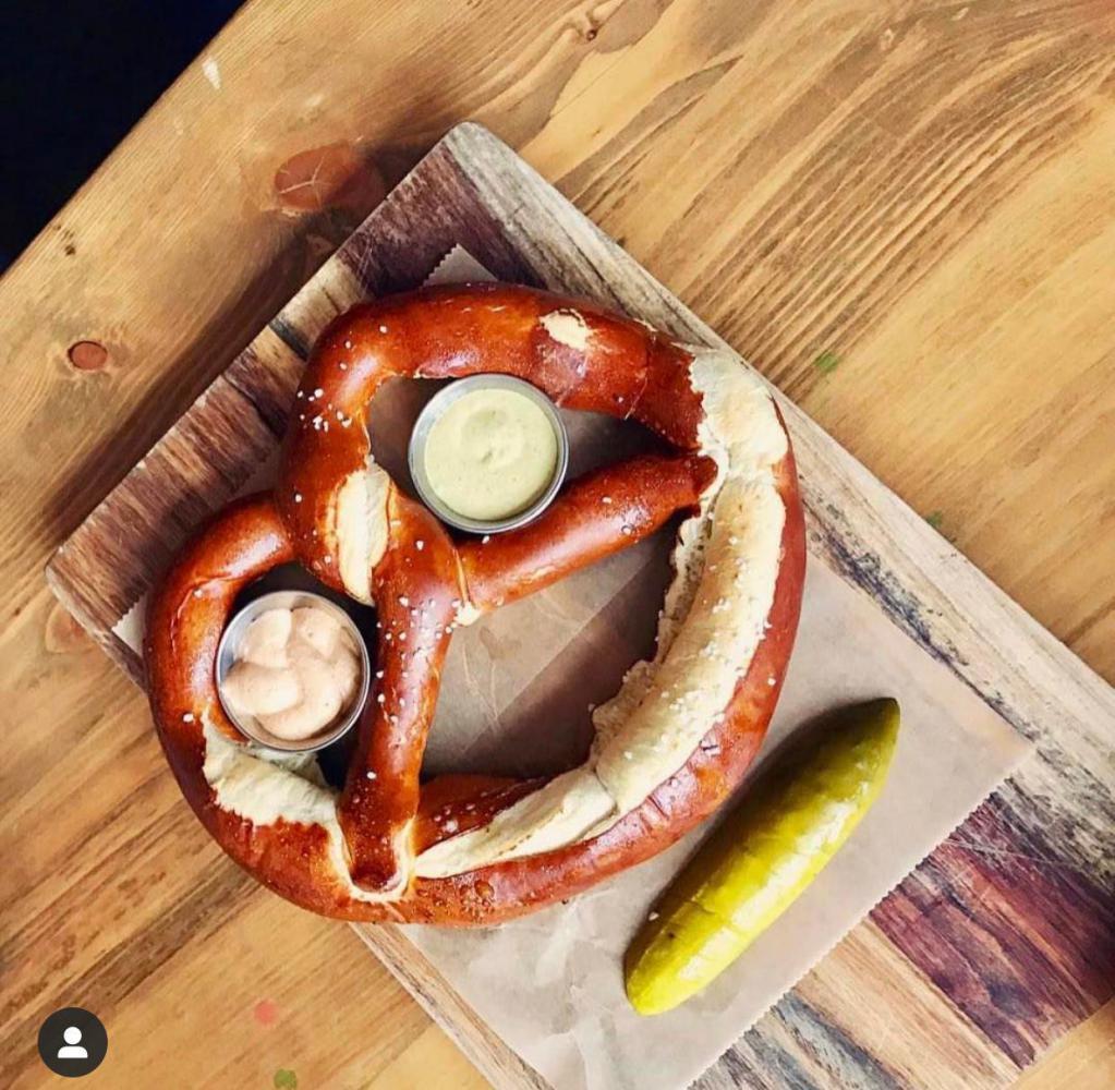 GIANT BAVARIAN PRETZEL · HOMEMADE MUSTARD AND BEER CHEESE DIP, PICKLES
