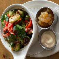 SAUTEED BRUSSELS SPROUTS (V, GF) · WITH PARMASAN CHEESE AND RED PEPPERS, APPLE CIDER GEL DIP AND HOMEMADE AIOLI