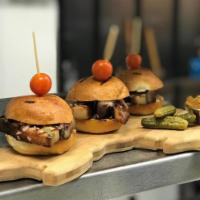 BIEROCRACY SLIDERS (PICK THREE) · CRAB CAKE, ANGUS CHEESEBURGER, PORK BELLY, GRILLED CHICKEN WITH CHEESE, VEGGIE SERVED WITH C...