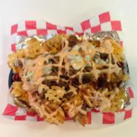 Garbage Fries · Waffle fries topped with Philly steak meat, grilled onions, sauteed mushrooms, grilled jalap...
