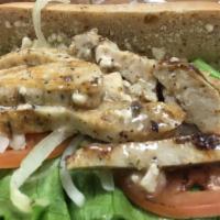 Greek Chicken Sandwich · Grilled chicken marinated in Greek seasoning with Greek dressing on your choice of hoagie wi...