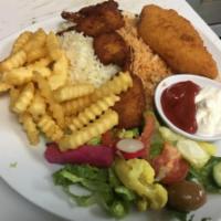 Shrimp, Fried Fish with Fries · Stick fish filet and fries, red rice and salad.