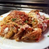 Shrimp Parmesan Pasta · 6 Italian breaded shrimp with spaghetti, marinara sauce, and mozzarella cheese.