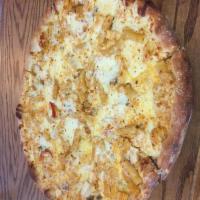 Chicken Riggie Pizza · Large chunks of chicken with onions, mushrooms, hot cherry peppers, rigatoni pasta with crea...