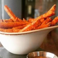 Fries · Choice of sweet potato or regular fries, Served w/ ketchup, house beer mustard aioli, chipot...