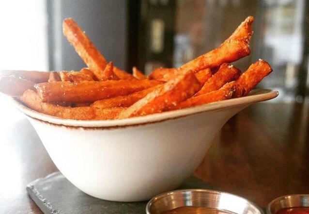 Fries · Choice of sweet potato or regular fries, Served w/ ketchup, house beer mustard aioli, chipotle aioli.