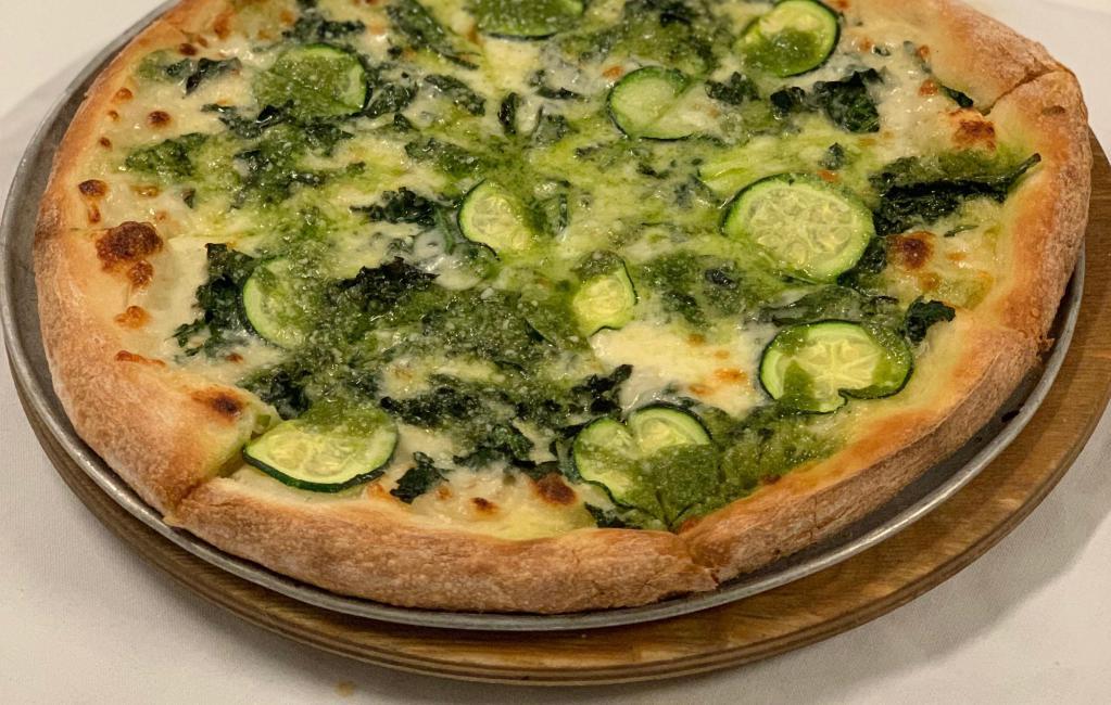Zucchini Pesto Pizza · fontina sauce, kale, zucchini, pesto sauce drizzle, mozzarella, parmesan cheese,